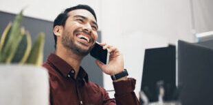 Phone call communication, office and laughing man listening to funny joke from digital contact. Com.